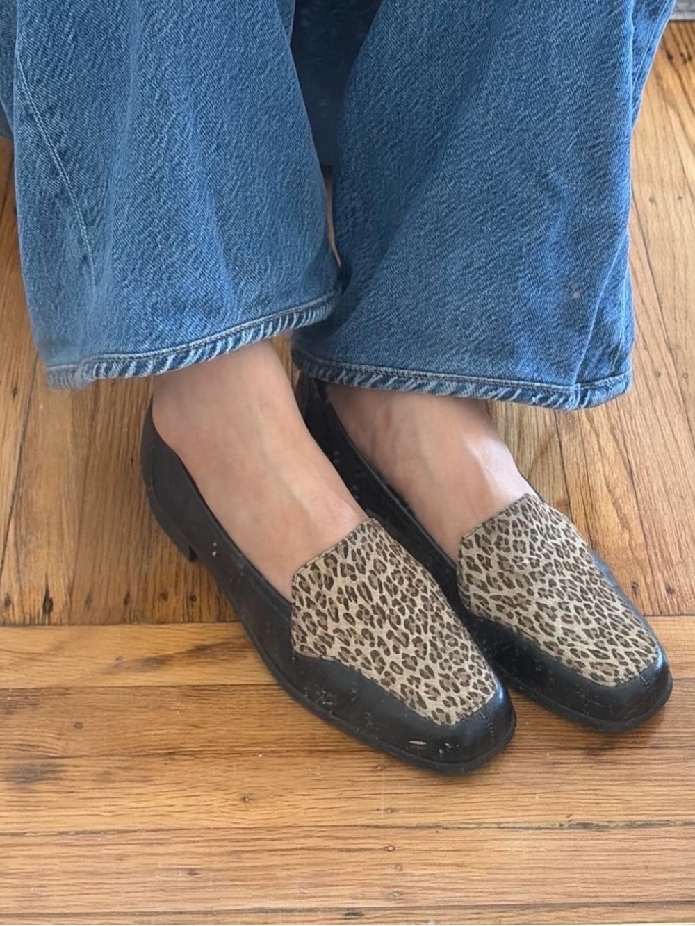 Vintage Leopard Print Slip-On Loafers - Black and Tan